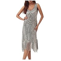 1920s Vintage Inspired Art Sequin Embellished Dress Sleeveless V-Neck Fringe Hem Flapper Dress Evening Prom Gowns