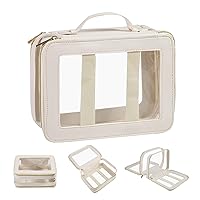 Clear Makeup Bags Double Sided for Women/Men, Clear Cosmetic Bags with 2 Compartments And Zipper Portable Travel Toiletry Bags Makeup Essentials-White