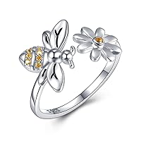Sterling Silver Honeycomb Daisy Flower Bee Ring S925 Honeybee Flower Cubic Zirconia Bumble Wrap Rings Jewelry Gift for Women Wife Daughter Mom (Daisy)