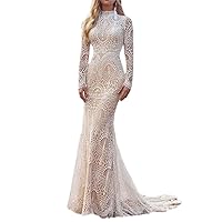 Simple Elegant Mermaid Wedding Dresses Long Sleeves Lace Sweep Train Bridal Gowns Vintage Bride Gown