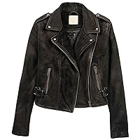 Women’s Black Genuine Suede Lapel Collar Asymmetric Zip-up Moto Biker Leather Jacket