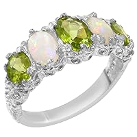 14k White Gold Real Genuine Peridot and Opal Womens Band Ring