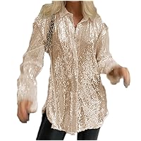 Women Sequin Button Down Shirt Blouse Long Sleeve Casual Party Club Sparkle Glitter Tops Streetwear