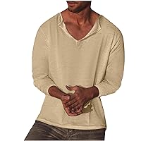Mens Cotton Linen Shirts Long Sleeve Henley Pirate Shirt Casual V Neck for Beach Renaissance Hippie Lightweight Tee