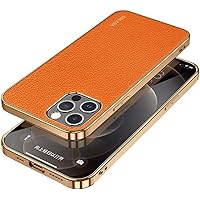 Lychee Pattern Back Phone Cover, for Apple iPhone 14 Pro Max Case 6.7 Inch 2022 Leather Gold Frame Shockproof Case [Screen & Camera Protection] (Color : Orange)