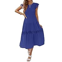 ZESICA Women's 2024 Casual Crew Neck Flutter Sleeve Smocked High Waist Hollow Out Lace Trim Tiered A Line Midi Dress