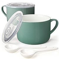 Soup Bowls with Handles & Spoons, 30oz Ceramic Ramen Bowl with Lid, Large Soup Mugs/Cups for Instant Noodle, Big Cereal Bowls for Oatmeal, Soup Containers with Lids, Set of 2, Teal Blue
