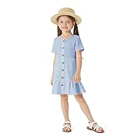 PATPAT Girls Casual Dress Short Sleeve Summer Dresses Button Down Solid Sundress with Pockets 3-12Year