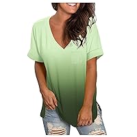 Summer V Neck T Shirt for Women Casual Trendy Short Sleeve Gradient Print Tops Plus Size Loose Fit Lightweight Tees