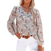 SHEWIN Blouses for Women Fashion 2024 Casual Floral Lantern Long Sleeve Boho Clothes Loose V Neck Dress Shirts Fall Outfits Spring Tops for Women 2024 Tredny,US 8-10(M),Multicolor