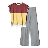 Women's 2 Piece Outfit Summer Color Block Outfits Cap Sleeve Crewneck Tops and Wide Leg Pants Tracksuit Loungewear