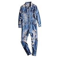 High Street Men Denim Jumpsuit Hip Hop Hole Ripped Jeans Overalls Tattered Cargo Pants Siamese Freight Trousers