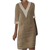 Women Cotton Linen Guipure Lace V-Neck T-Shirt Dresses Half Sleeve Crewneck Casual Trendy Knee Swing Tunic Dress