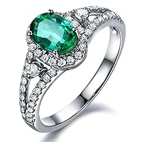 Genuine Natural Emerald Gemstone Oval Cut Solid 14K White Gold Diamond Wedding Engagement Promise Band Ring for Women