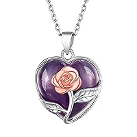 Genuine Birthstone Necklace 925 Sterling Silver Rose Flower Heart Pear Shape Crystal Pendant Necklaces for Women (with Gift Box)