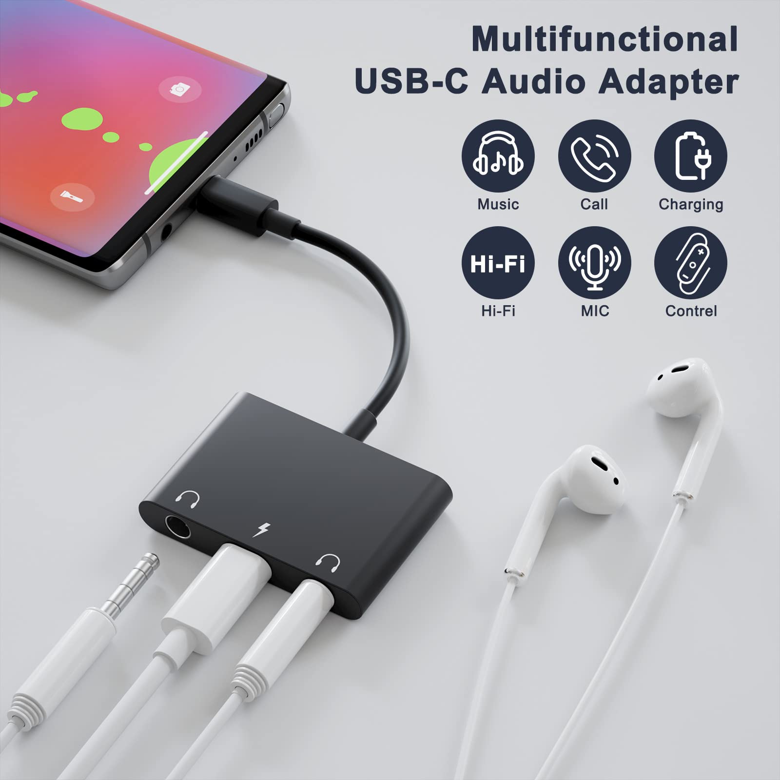 UWECAN USB C Headphone Adapter,3 in 1 USBC to 3.5mm Dual Headphone Jack Adapter for Stereo,USB-C Audio Adapter with Type-c Fast Charging Port,Headphone Splitter Compatible iPad Pro,Samsung,Google,etc