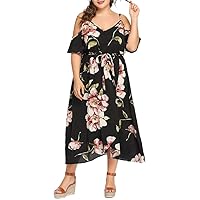 Plus Size Women Casual Dress Short Sleeve Cold Shoulder Low V Neck Boho Beach Flower Print Long (XL) Black