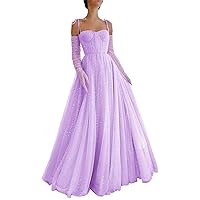 Sparkly Starry Tulle Prom Dresses for Women Long Sleeves Spaghetti Straps Long Formal Evening Party Gowns