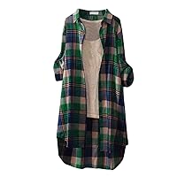 Long Sleeve Shirts for Women Casual Button Down Plaid Fall Tunic Tops Roll-Up Long Sleeve High Low Checkered Blouses