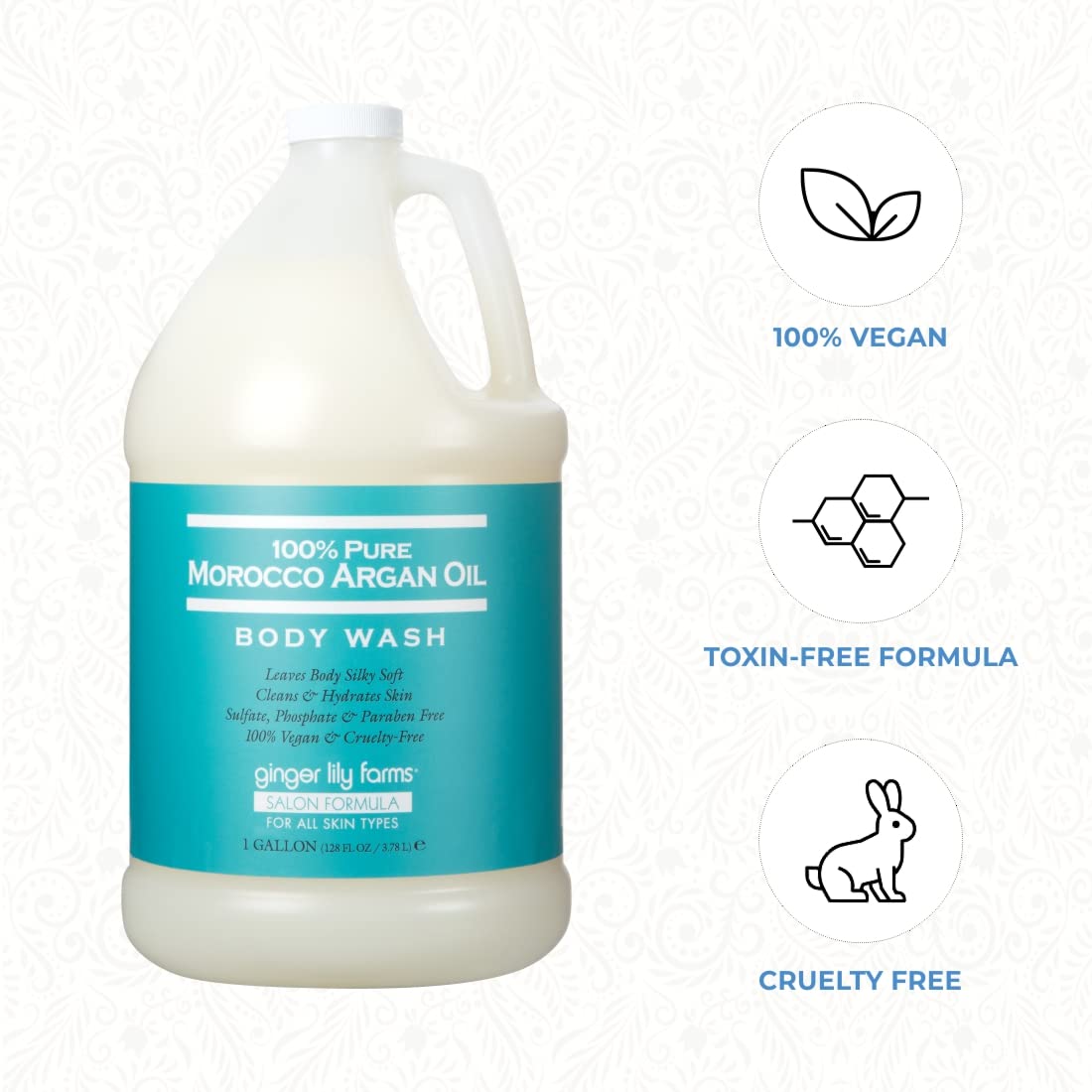 Ginger Lily Farms Salon Formula 100% Pure Morocco Argan Oil Body Wash for All Skin Types, 100% Vegan & Cruelty-Free, 1 Gallon (128 fl oz) Refill