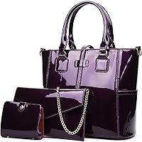 3-PC Patent Women Handbag+Crossbody Bag+Card Bag Shiny Faux Leather Top Handle Satchel Shoulder Tote Bag Purses