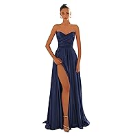 Women's Strapless Satin Prom Dresses A Line Long Pleated 2024 Formal Evening Party Gowns with Slit