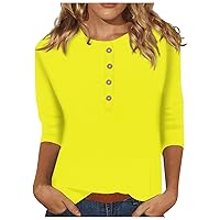 Womens Shirts Dressy Casual, Womens Flannel Shirt Green Outfits for Women Loose 3/4 Sleeve Tunic Womens Fashion Round Neck Tee Summer Tshirt Plus Size Trendy 2024 Tops Print Shirt (Yellow,Large)