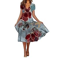 Denim Dress for Women, 2024 Spring Summer Short Sleeve Midi Dress Casual Boho Floral Print Ruffle Dresses Engagement Photo Romper Dress Womens Short Casual Dresses Midi Dresses (5XL, Wine)
