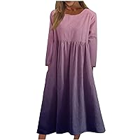 Long Sleeve Plus Size Midi Dress for Women Casual Print Smocked Crew Neck Loose Flowy Swing Flare Dress with Pocket