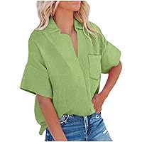 Loose Fit Shirts for Women Solid Color Short Sleeve Button Down T-Shirts Summer Casual Blouse Tops Lightweight Work Shirt