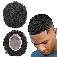 Afro Curl Wavy Mens Toupee Hair Piece System for Men Black Human Hair Monofilament Mens Wig Poly Skin NPU Around Curly Hair Unit Replacement Men Weave (#1B Off Black-14MM Wave, 8