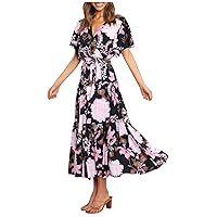 Spring Dresses for Women 2023 Formal, Women's Summer Casual Printed Short Sleeve Waist Long Dress Boho Dress