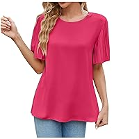 Fashion Pleated Bell Short Sleeve Casual Tunic Tops for Women Summer Crewneck Keyhole Back Loose Solid T-Shirts