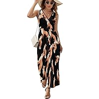 Cartoon Red Fox Women's Sleeveless Dress V Neck Flowy Hem Sundresses Summer Beach Maxi Dress