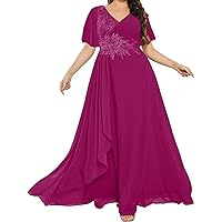 Plus Size Mother of The Bride Dresses for Wedding Long Chiffon Pleated V-Neck Formal Evening Gowns Ruffle Sleeve