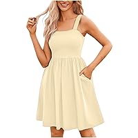 Women's Strap Sleeveless A Line Midi Dress Tiered Swing Dresses with Pockets Knee Length Casual Sundress