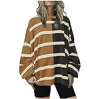 Women Oversized Striped Pullover Drop Shoulder Long Sleeve Crewneck Color Block Tops Casual Loose Lightweight Shirts