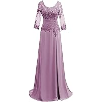 Lace Appliqued Mother of The Bride Dresses 3/4 Sleeves Scoop Long Formal Evening Dress