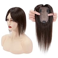 Crown Topper Clip in Full Hand Made Mono Base Human Hair Straight Middle Parting Cover White Hair Head Replacement Piece (5x8cm Off Black)