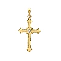 14K Yellow Gold Budded Edges Different Sizes Polished Diamond Cross Religious Pendant Charm Necklaces; Fine Jewelry Gifts for Women and Men; .01 Total Carat Weight