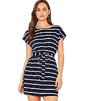 Summer Dresses for Women 2023 Scoop Neck Cap Sleeve Self Belted Striped Loose Mini Dress