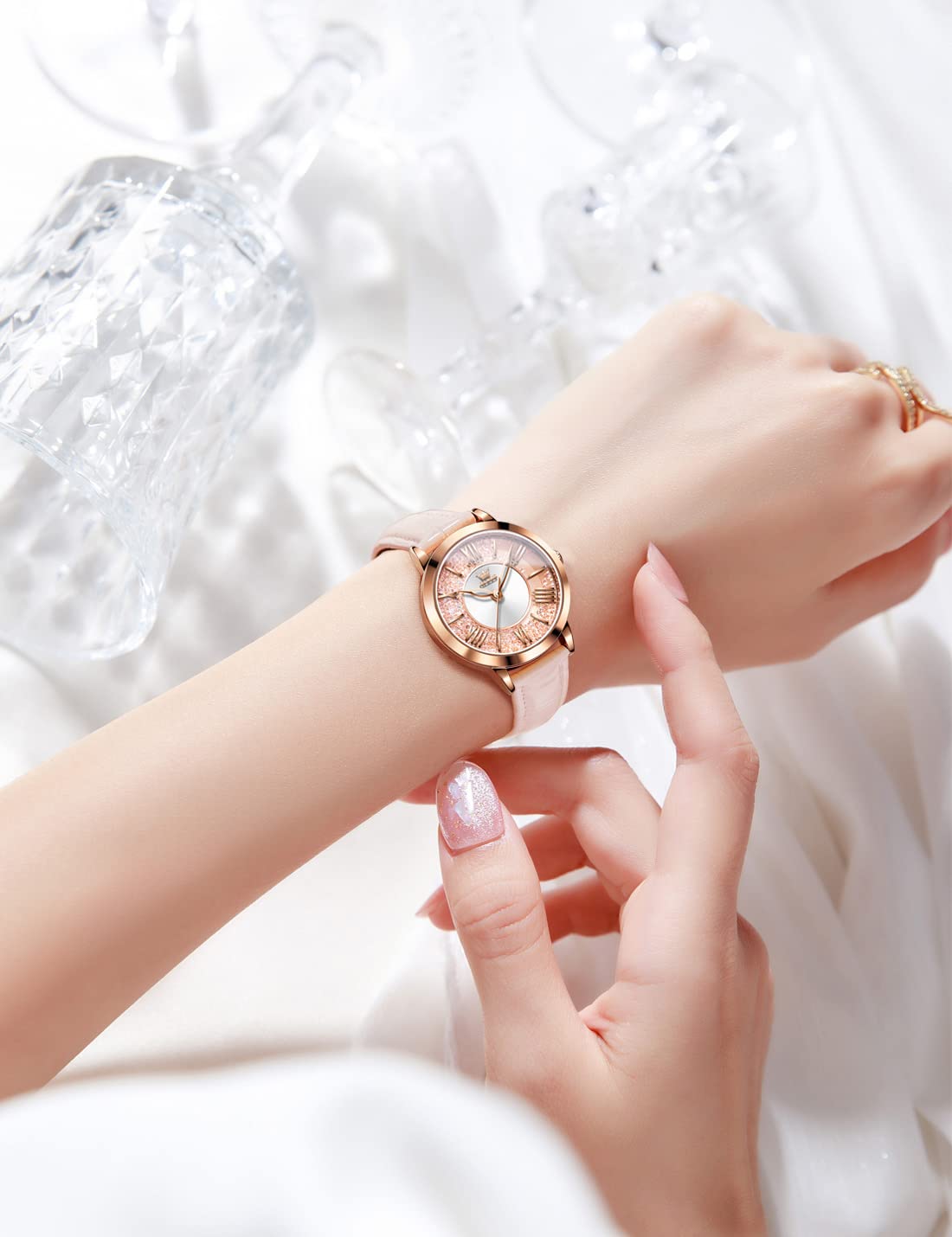 OLEVS Damen-Armbanduhr, elegantes Kleid, Diamant-Damenuhren für Damen, analog, Quarz, Leder, wasserdicht, Treibsand, großes Zifferblatt, Armbanduhr