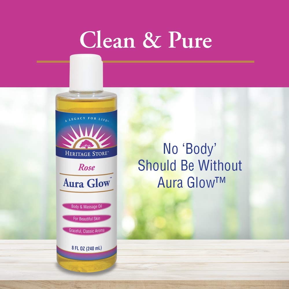 Heritage Store Aura Glow, Rose | Body & Massage Oil | for Beautiful Skin & Hair | Moisturizer, Aftershave Lotion, Hair & Bath Oil | 8oz