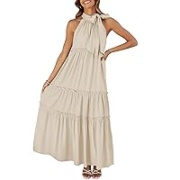 ZESICA Womens Summer Boho Halter Maxi Dresses 2024 Casual Sleeveless Pleated Tiered Flowy Beach Vacation Long Dress