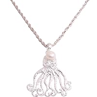 NOVICA Handmade Cultured Freshwater Pearl Pendant Necklace Octopus Crafted in Bali .925 Sterling Silver Indonesia Animal Themed Birthstone Nautical Sea Life 'Gurita Reef'