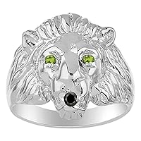 Rylos Mens Rings 14K White Gold Lion Head Ring Genuine Black Diamond Mouth & Gemstone Colorstones in Eyes Fun Designer Rings For Men Men's Rings Gold Rings Sizes 6,7,8,9,10,11,12,13 Mens Jewelry