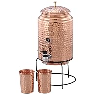 5 Litre Hammered Copper Water Dispenser with Stand, 2x300ml Glasses, Pure Copper, Ayurvedic Health Benefits