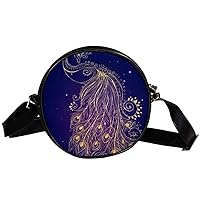 Golden Peacock Design Circle Shoulder Bags Cell Phone Pouch Crossbody Purse Round Wallet Clutch Bag For Women With Adjustable Strap