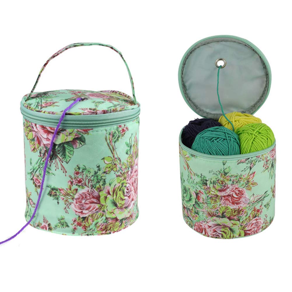 Katech Empty Yarn Bags Set 3 Pieces Green Knitting Bags Flower Pattern Large Capacity Yarn Round Storage Bag Organizer Travel Wrist Tote Bag for Holding Yarn Balls, Crochets Hooks and Knitting Kit