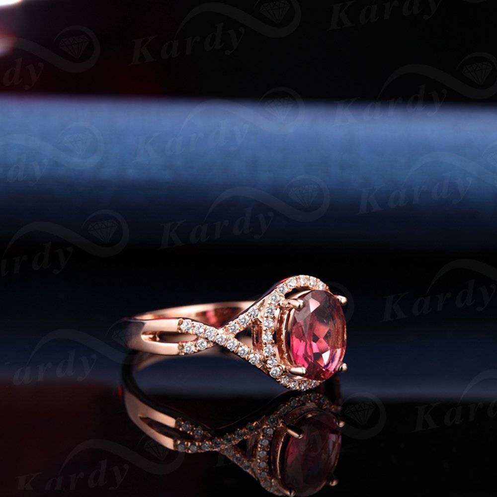 Birthstone Ring October Tourmaline 14K Solid Rose Gold Tone Swirl Split Shank Halo Engagement Wedding Ring
